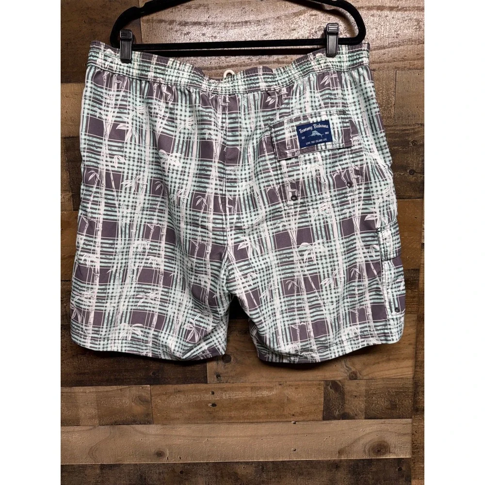 Tommy Bahama Mens‎ Plaid Bamboo Print Swim Trunks Grey Mint Green Board Shorts L